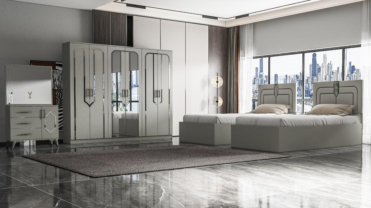 Camera da letto Ema Twin 4 pezzi, 2 letti singoli, grigio chiaro
