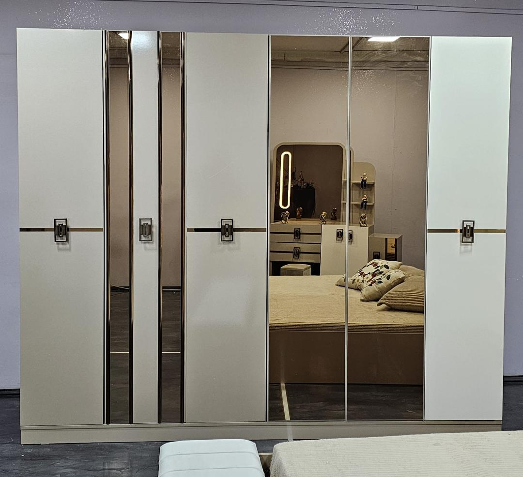 Camera da letto Lora 6 pezzi, armadio 6 ante, beige