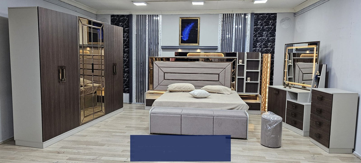 Camera da letto Anka 6 pezzi, armadio 6 ante, marrone/grigio